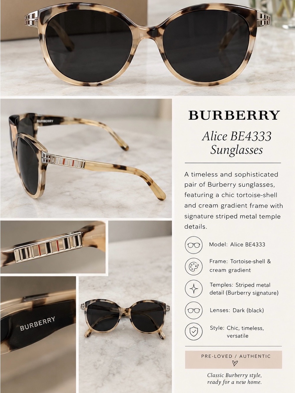 Burberry Alice BE4333 Tortoise Cream Gradient Sunglasses